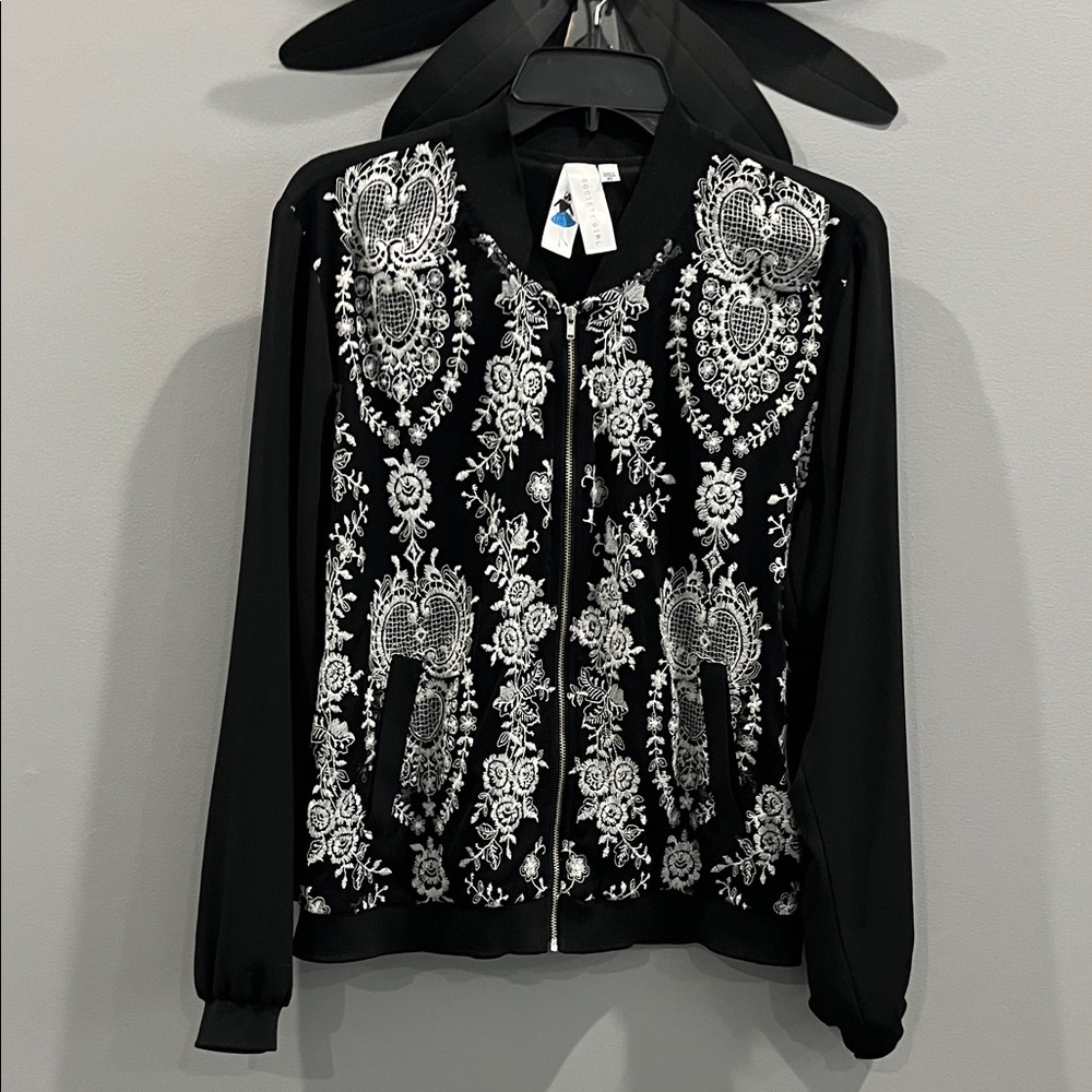 Society Girl Black And White Embroidered Bomber Jacket Size XL